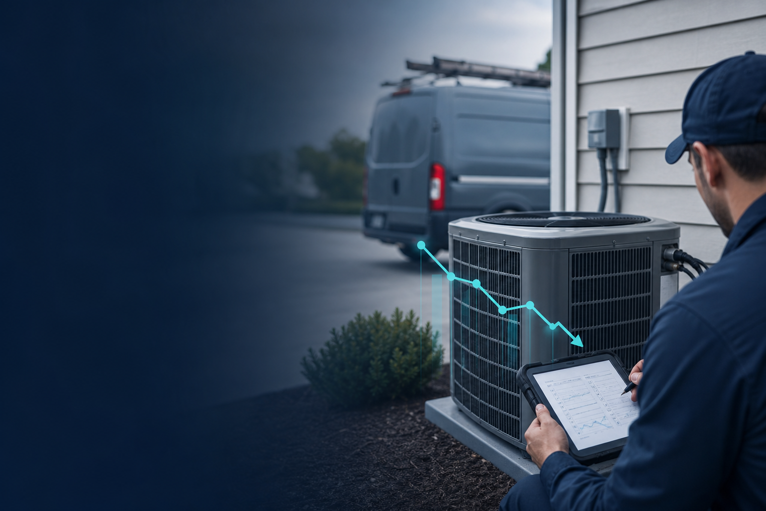 HVAC company owner reviewing revenue reports at desk, identifying common HVAC revenue leakage problems