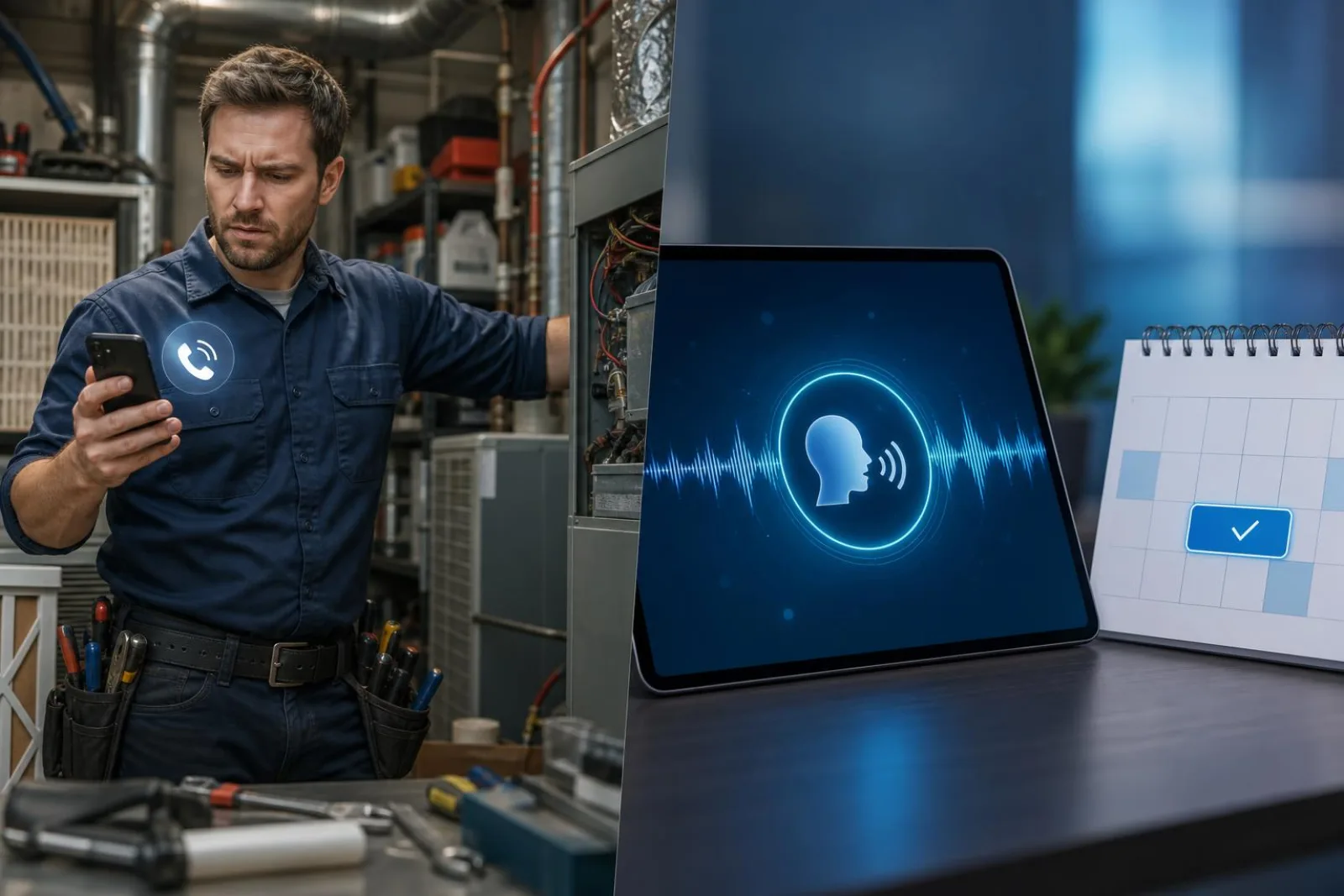 Split-scene illustration of an HVAC technician on a job site with a missed call icon, and an AI voice waveform booking a customer appointment