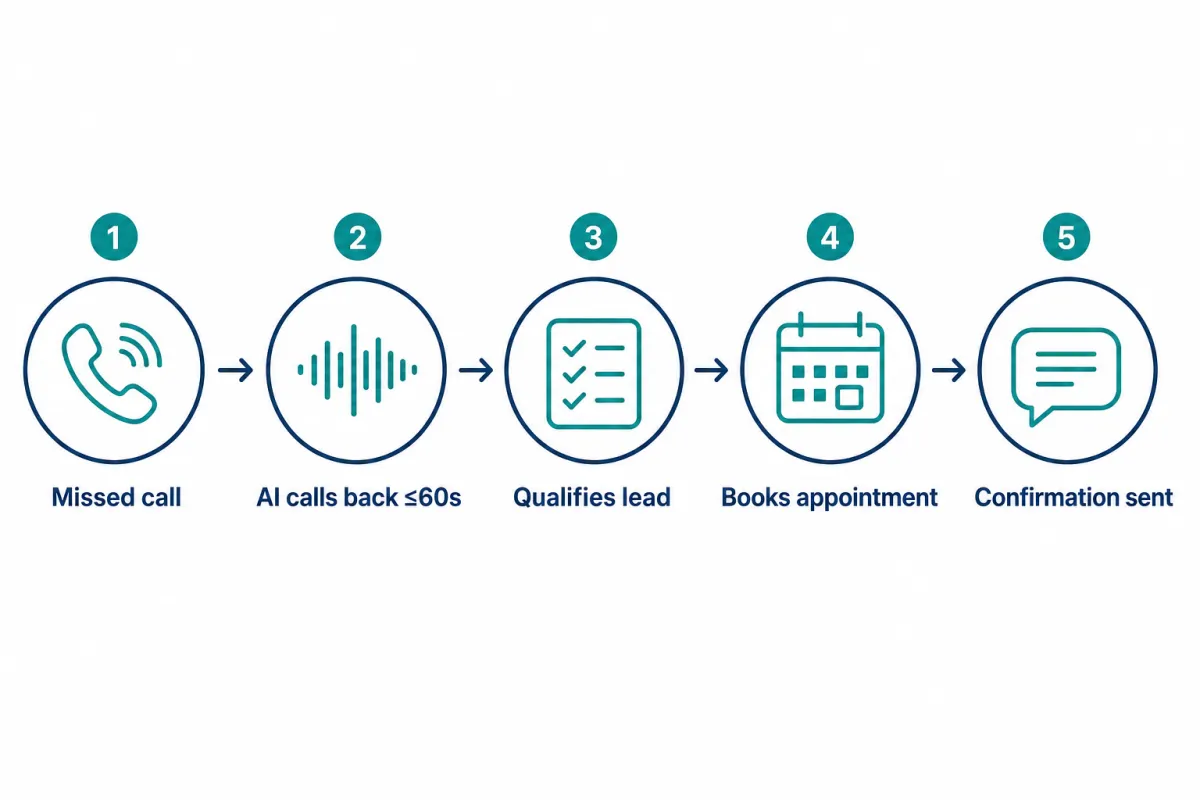 Five-step flow diagram showing missed call to AI callback within 60 seconds to lead qualification to appointment booking to confirmation text
