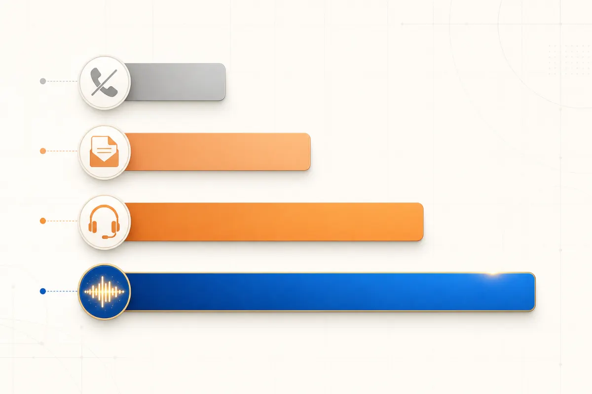 Comparison chart showing four answering service options as vertical bars: voicemail shortest, basic message service slightly longer, full human answering service medium, AI answering service longest with gold accent, each with an icon at the start indicating the type